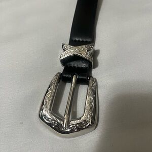 Black Leather Skinny Belt with Silver Buckle